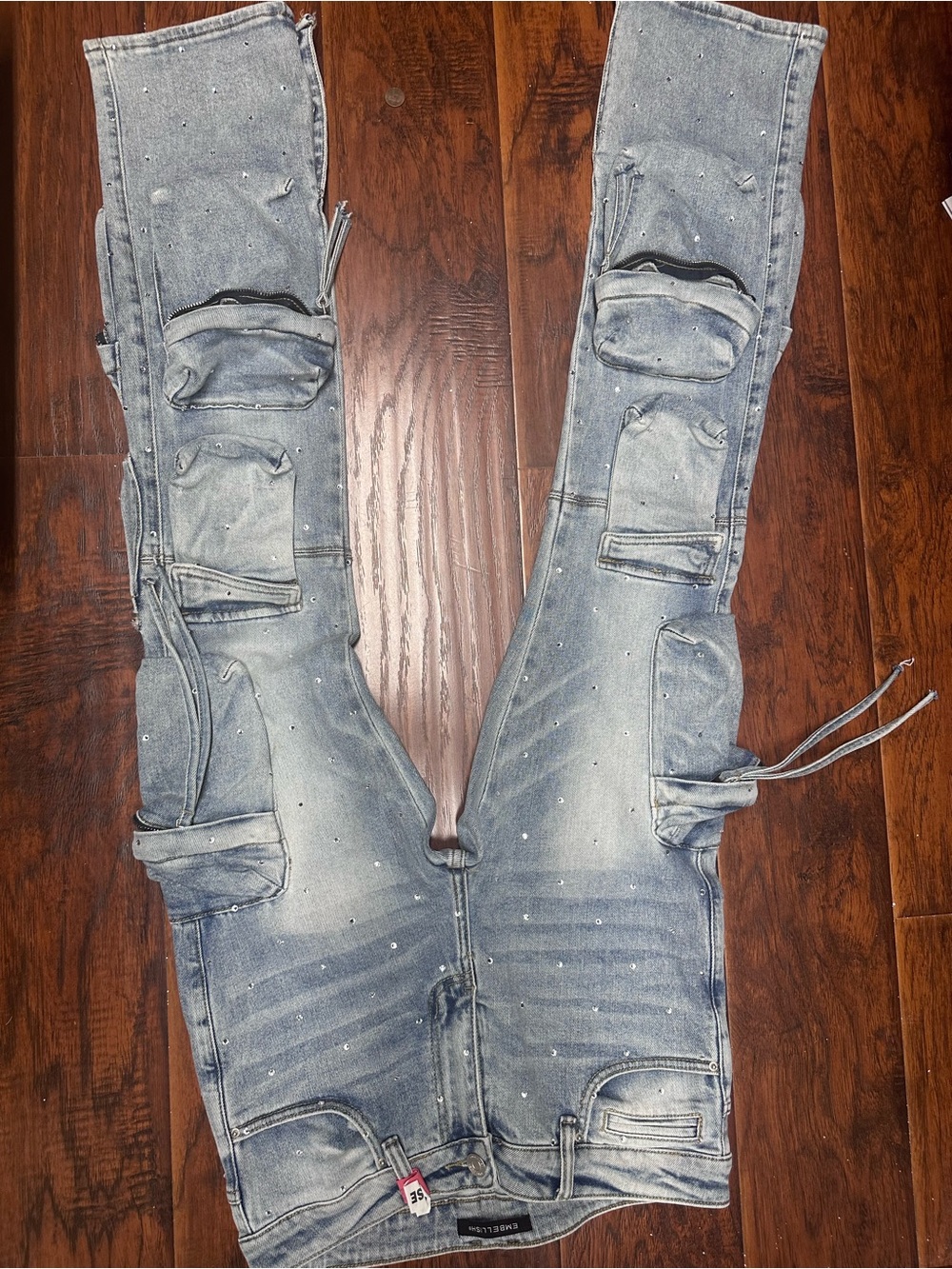 Light Wash Men’s Distressed Cargo Stack Jeans with Stud Accents